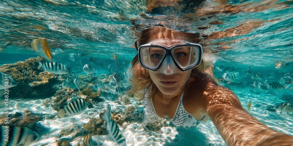 Fototapeta premium Woman. Snorkeling With Colorful Exotic Fish, Exploring Tropical Reef. Amazing Underwater Ocean World