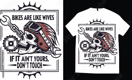 Motorcycle-themed skull helmet with crossed pistons and rebel rider elements,  engine parts, wings, and flames, the composition evokes fire, speed, and power, white t-shirt design vector illustration.