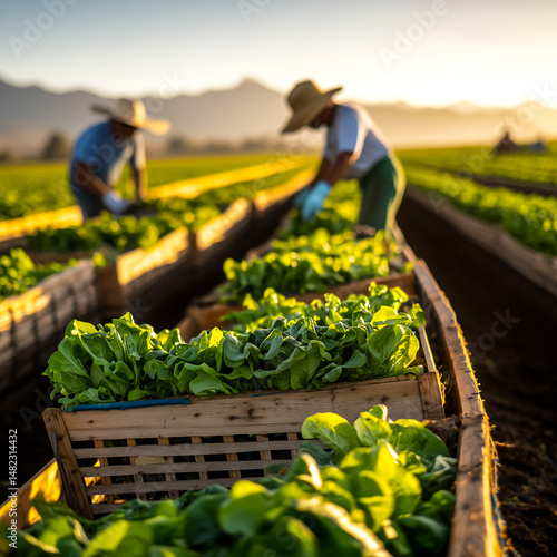 Farmers harvesting fresh lettuce at sunrise in lush green fields, showcasing sustainable agriculture practices.