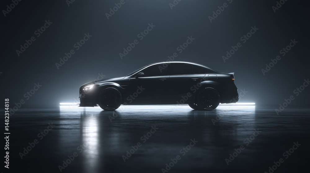 Sleek silhouette of a modern car illuminated in a dark environment, showcasing elegance. Sleek silhouette of a modern car illuminated in a dark environment, showcasing elegance.