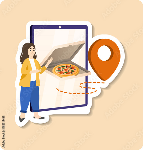 Woman ordering pizza online using mobile app with geolocation tracking on smartphone
