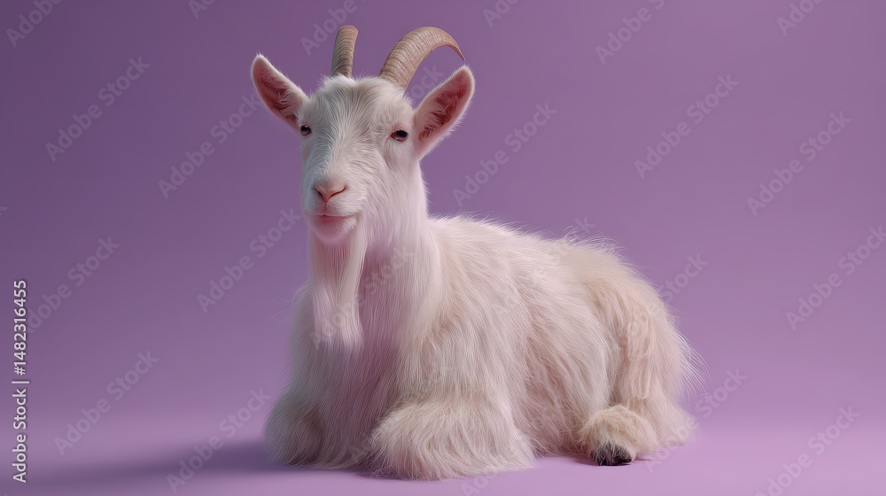 Fototapeta premium shot of a white goat resting on a purple background.