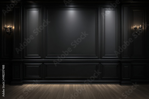 Elegant black paneled wall with ornate molding, spotlights, and dark wooden floor in a dramatic, luxurious interior.