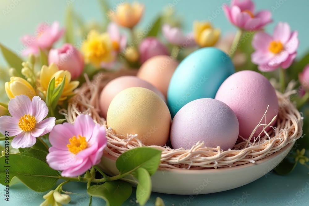 Pastel-colored Easter eggs nestled in a spring flower arrangement , flatlay, white Pastel-colored Easter eggs nestled in a spring flower arrangement , flatlay, white