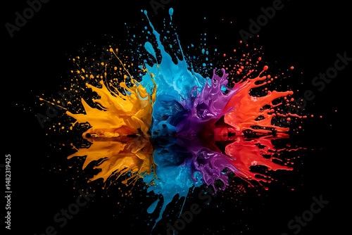 Abstract liquid color explosion colorful artistic yellow blue purple red orange splashing splatter drop at ground black background reflective
