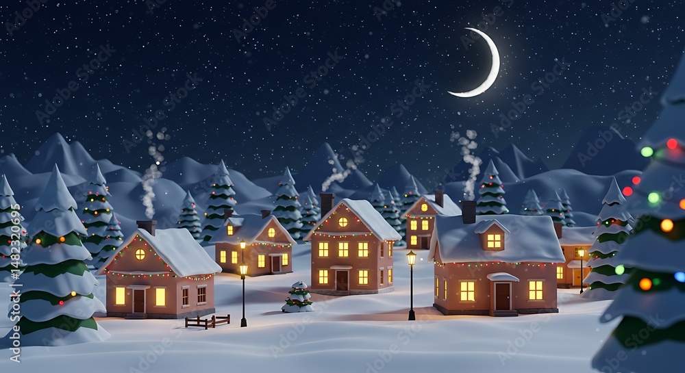 Fototapeta premium Winter Village Night: A 3D Render