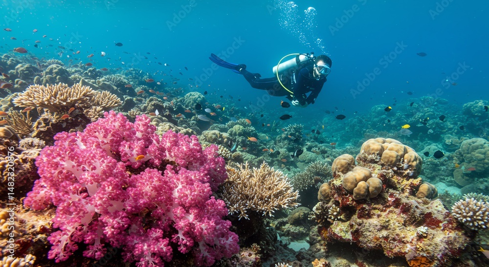 Fototapeta premium Scuba diver exploring vibrant coral reef