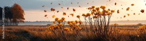 Blowing in the wind across field with leaves and dandelion concept. Golden flowers sway gently in a serene autumn landscape.