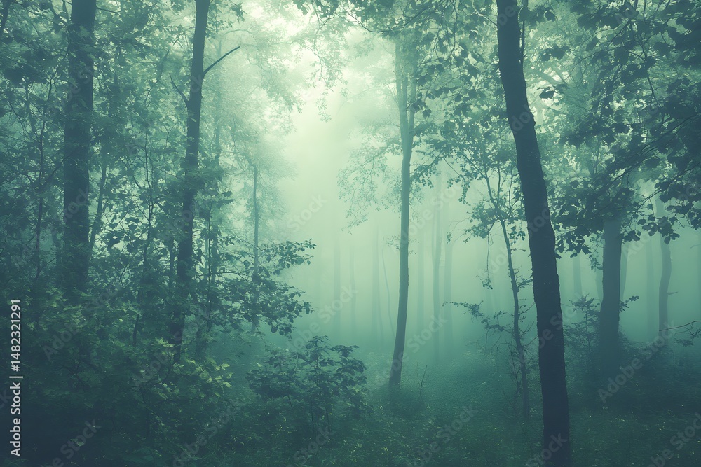 Fototapeta premium Atmospheric forest scene with dense fog creating a mystical and enchanting landscape