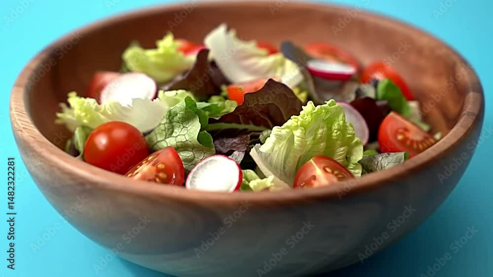 Fresh salad bowl with lettuce, tomato, and radish on a wooden blue background. Perfect for healthy eating concepts, organic food displays, and nutrition-focused visuals Fresh salad bowl with lettuce, tomato, and radish on a wooden blue background. Perfect for healthy eating concepts, organic food displays, and nutrition-focused visuals