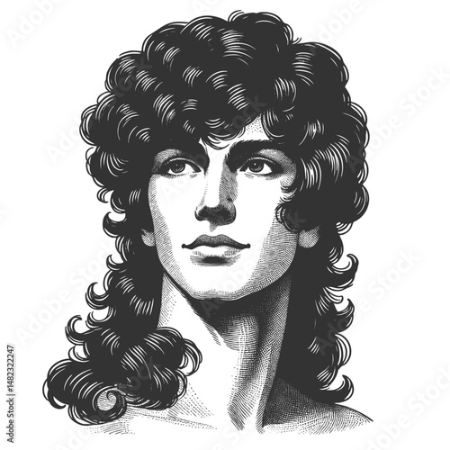 young man with curly hair, looking thoughtfully into the distance sketch engraving generative ai fictional character vector illustration. Scratch board imitation. Black and white image.