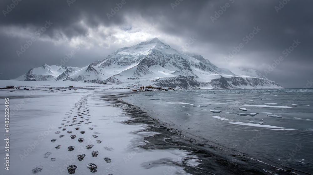 Fototapeta premium Snowy mountain landscape featuring footsteps in the snow and dramatic skies. A serene winter scene. Dramatic and desolate scenery.