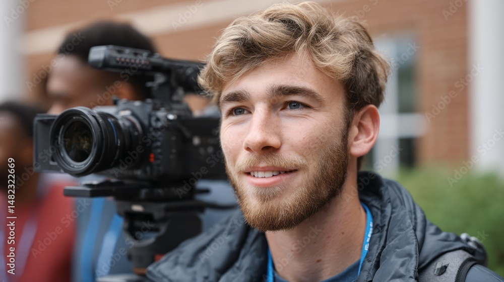 Obraz premium Young man with camera expressing excitement at an outdoor photography event capturing memories