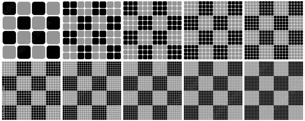 Fototapeta premium Set of black and gray checkered geometric patterns isolated on white. Vector illustration.