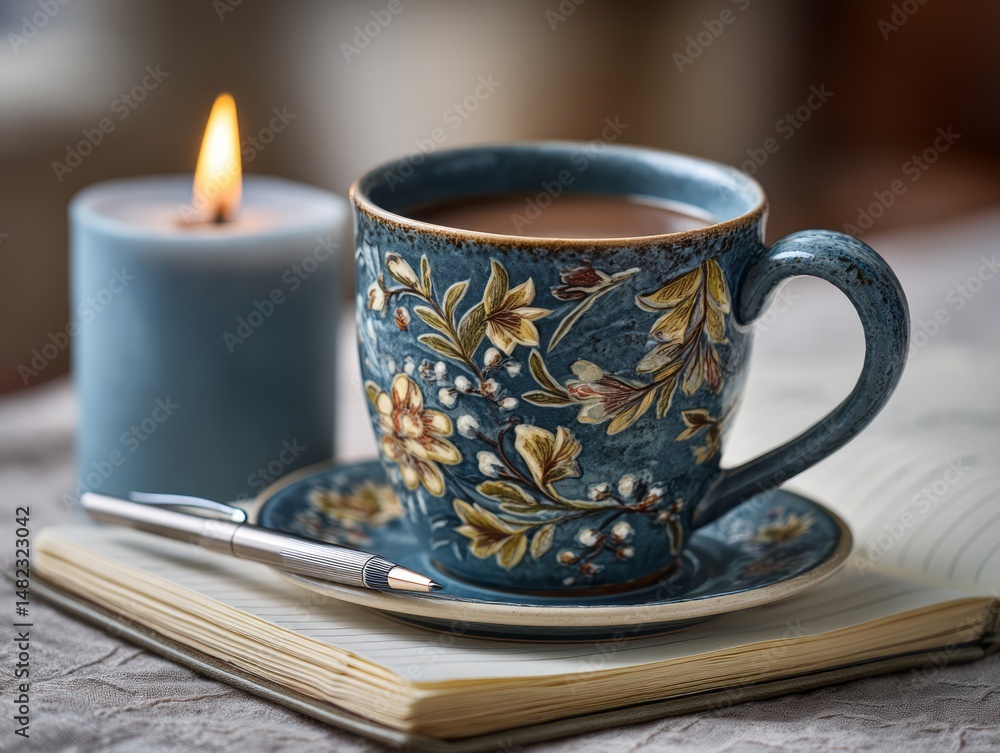 Fototapeta premium Cozy Coffee Cup with Floral Design, Candle, and Notebook on a Soft Surface