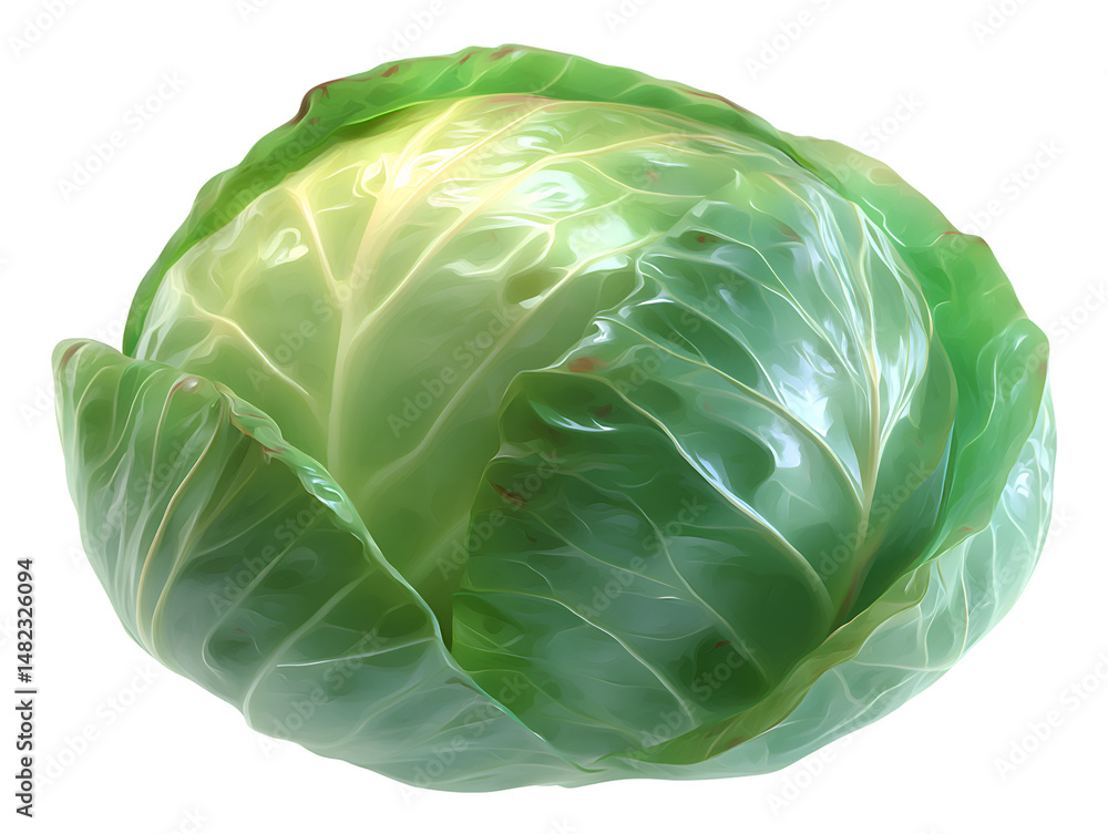 Obraz premium Realistic 3D Fresh Green Cabbage Icon Isolated on White Background – High-Quality Organic Vegetable Illustration for Food, Cooking, and Healthy Diet Projects.