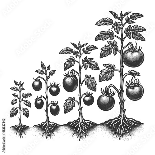 tomato plants showing stages of growth from seedling to fruit-bearing maturity sketch engraving generative ai vector illustration. Scratch board imitation. Black and white image.