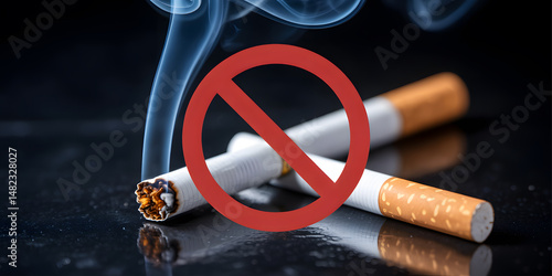 Anti smoking campaign with cigarettes crossed out emphasizing health risks and dangers in a close up composition