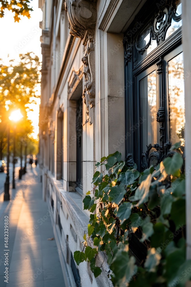 Fototapeta premium Parisian Building Facade at Sunset, Ornate Architecture for Travel Blog