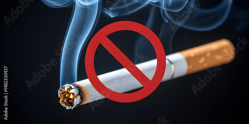Cigarette with burning embers encircled by red no smoking sign and flowing smoke against a dark background.