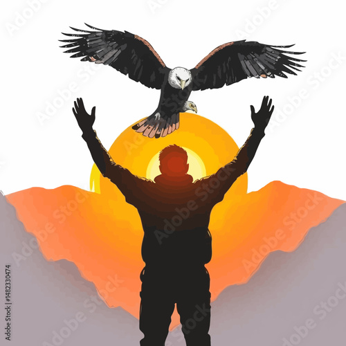 Majestic Eagle Soaring Above a Man Silhouette at Sunset Mountain Landscape Peaceful Freedom Nature Scene Inspirational Artwork Digital Painting Adventure Wildlife Beautiful Serene Dramatic Golden Hour