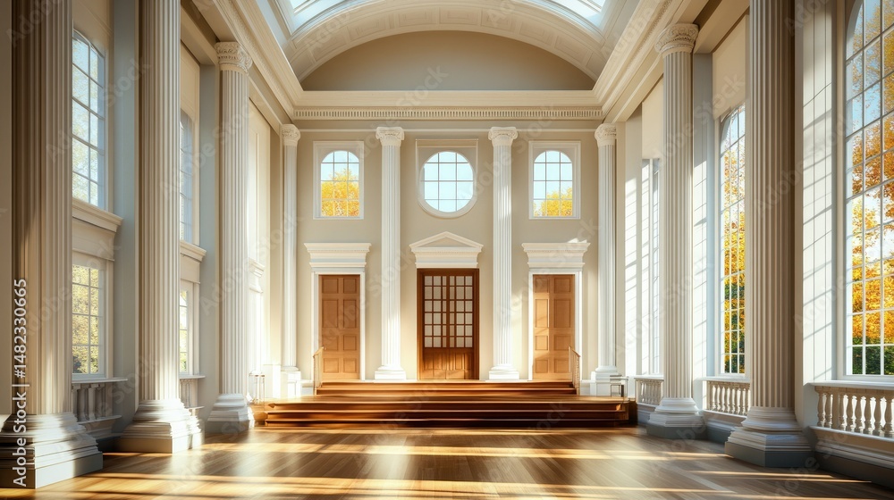 Fototapeta premium Grand Hallway Sunlit Elegance: Architectural Marvel in Autumn