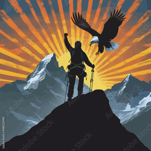 Majestic Mountain Peak Climber Silhouette Triumphant Eagle Soaring Sunrise Dramatic Landscape Adventure Success Freedom  Nature  Bold  Inspirational  Graphic Art Design Illustration Vector Image sky  