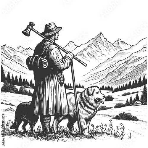 shepherd holding a staff, accompanied by a loyal dog, overlooking a scenic mountain valley with grazing sheep sketch engraving generative ai vector illustration. Scratch board. Black and white image.