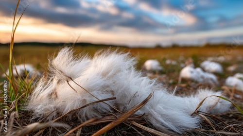 Blowing in the wind on hill with dandelion and sunrise concept. Close-up of soft white plant fluff on a scenic landscape.