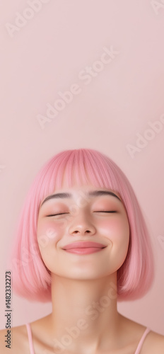 Young Caucasian woman with pink hair, eyes closed, happy smiling expression. Studio photo vertical banner, copy space above. Generative AI