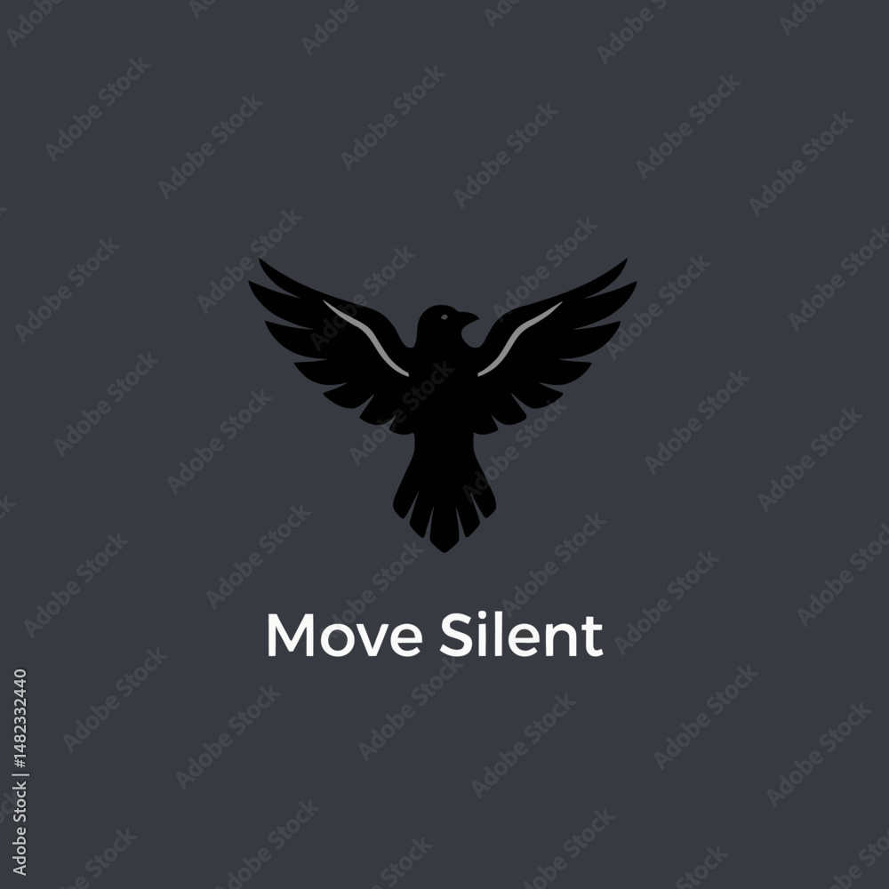 Obraz premium Elegant Black Bird Logo Design Silent Flight Raven Wings Spread Silhouette Minimalist Vector Graphic Illustration Dark Background Corporate Branding Identity Symbol Powerful Bird Image Professional