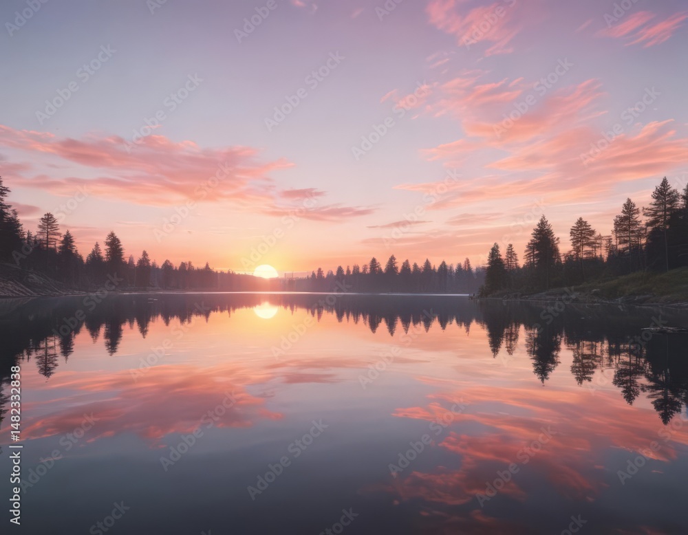 Fototapeta premium Pastel sunset over a glassy lake, mirroring the sky , outdoors, purple