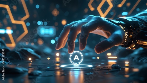 A Futuristic Robotic technology Hand Interacting with Holographic Interfaces in a High-Tech Digital computer Environment background.