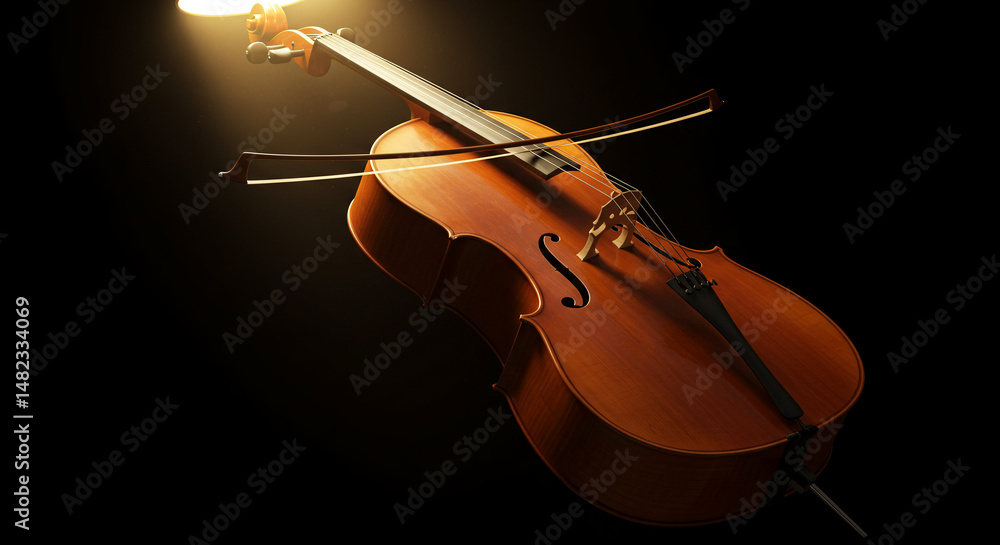 Fototapeta premium Cello on black background with golden light