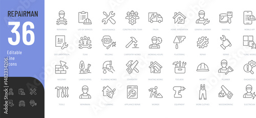 Repairman Line Editable Icons set. Vector illustration in modern thin line style of repair related icons: types of repair work, tools, and more. Isolated on white background.