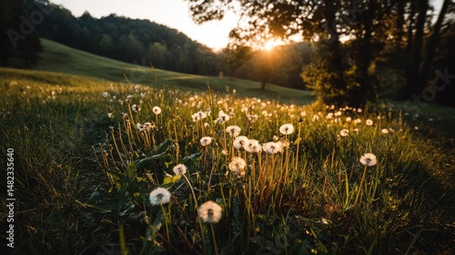 Blowing in the wind on hill with dandelion and sunrise concept. Sunlit field of dandelions swaying gently in the evening breeze.
