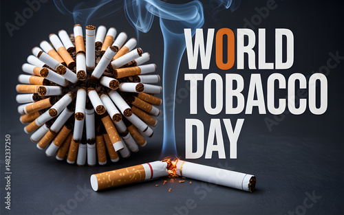 Conceptual image with a collection of cigarettes forming a sphere with the words world tobacco day on a dark background.