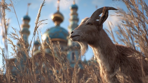 Goat in a field near a religious building. photo