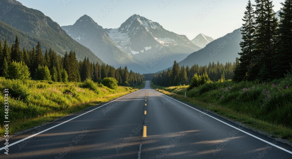 Fototapeta premium Serene mountain road leading through lush greenery under a clear sky