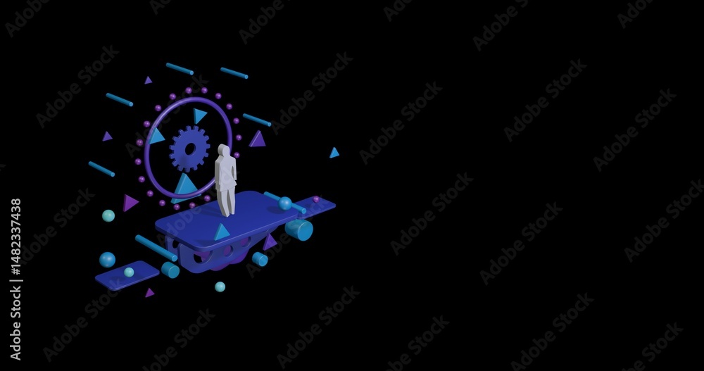 Fototapeta premium White burkini symbol on a pedestal of abstract geometric shapes floating in the air. Abstract concept art with flying shapes on the left. 3d illustration on black background