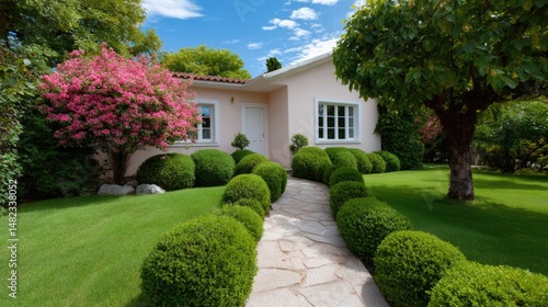 A private house with a paved path and a well-kept green garden on a summer day.