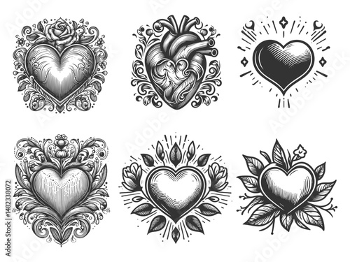 heart ornate floral elements Set collection bundle sketch engraving generative ai vector illustration. Scratch board imitation. Black and white image.