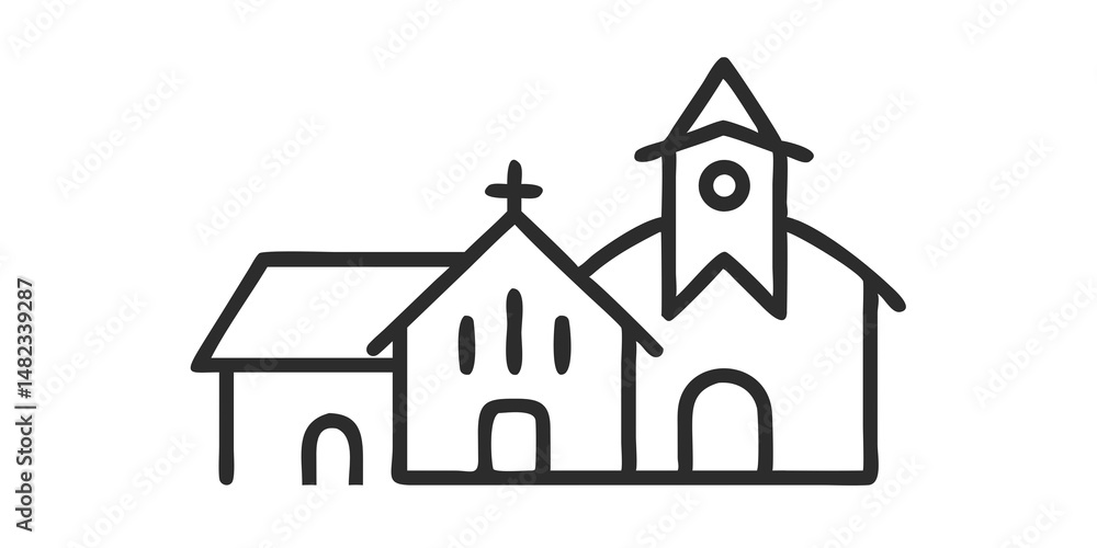 Village with Church Illustration, Rural Landscape Graphic, Countryside Village Scene, Cut Out Village with Church Illustration, Rural Landscape Graphic, Countryside Village Scene, Cut Out