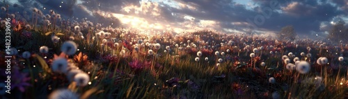 Blowing in the wind across field with leaves and dandelion concept. A vibrant field of colorful flowers under a dramatic sky.