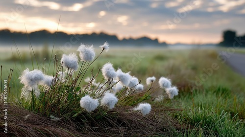 Blowing in the wind across field with leaves and dandelion concept. Fluffy white plants bloom in the serene morning light at dawn.