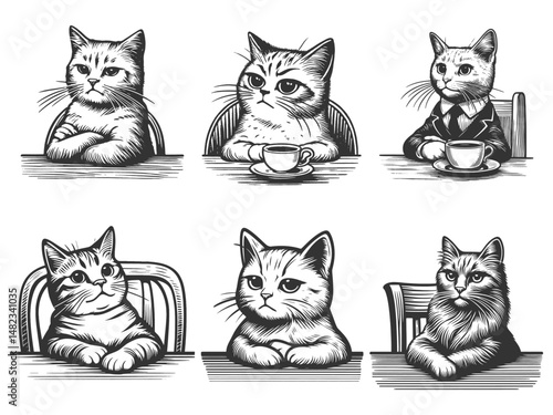 cats sitting at tables, looking relaxed and sipping coffee, with charming and humorous expressions Set collection bundle sketch engraving generative ai vector illustration. Black and white image.
