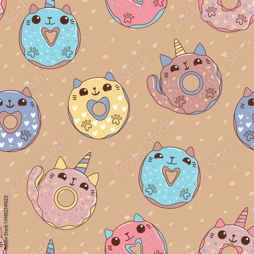 cute donuts cat seamless pattern in earthy shades colors. Donut cat unicorn illustration on repeat ornament with dots. Happy birthday wrapping paper.