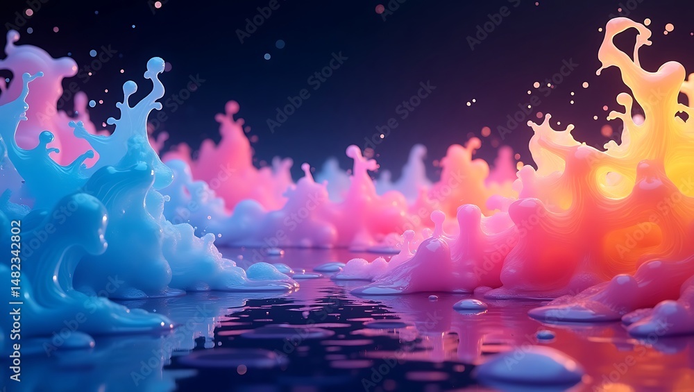 Obraz premium Abstract colorful fluid splashes rising with smooth reflections across a surreal ambient landscape