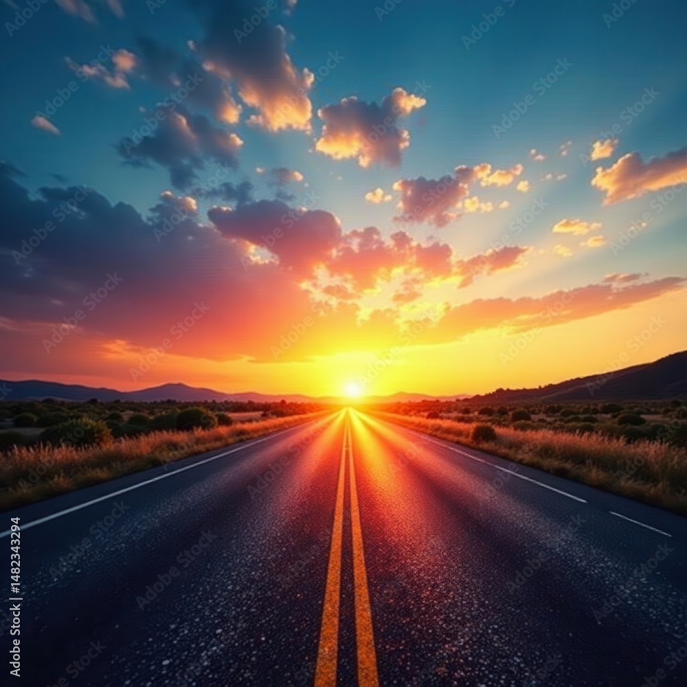 Naklejka premium Empty highway stretches towards vibrant sunrise New beginning , beginning, optimism