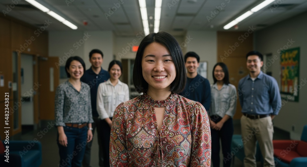 Obraz premium Cheerful young east asian woman stands with diverse group in indoor setting.